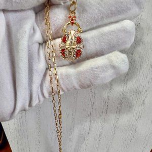 VTG Faberge Egg Style Pendant Necklace Crystal Enamel Butterfly Charm Necklace